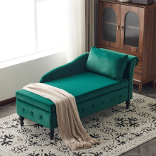 (Green) Velvet Chaise Lounge Sofa with Storage Right Arm Tufted, for Living Room,Bedroom and Office