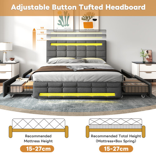 4ft6 Double Bed Frame With LED Storage Drawers Adjustable Headboard,Easy Assembly(No Mattress) 2