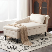 (Beige) Velvet Chaise Lounge Sofa with Storage Right Arm Tufted, for Living Room,Bedroom and Office