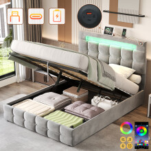 (Grey) 4ft6 Double Ottoman Bed Frame with LED Hydraulic Storage USB, Velvet (No Mattress)