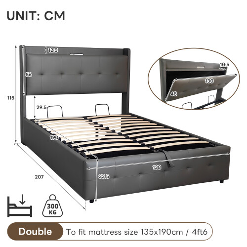 (4ft6) Double Ottoman Bed Frame with Hydraulic Storage, PU Leather ,USB LED Light, with Charging Station 1