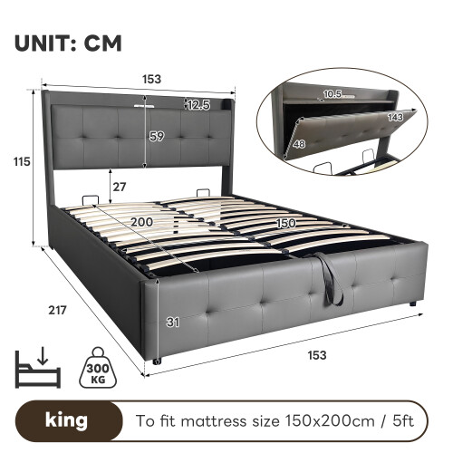 Double Ottoman Bed Frame with Hydraulic Storage, PU Leather ,USB LED Light, with Charging Station 1