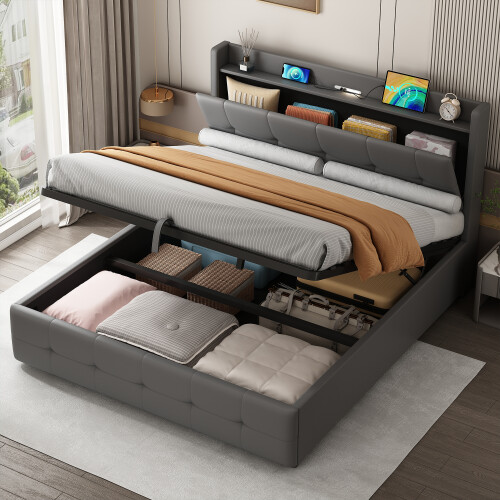 Double Ottoman Bed Frame with Hydraulic Storage, PU Leather ,USB LED Light, with Charging Station