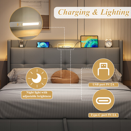 Double Ottoman Bed Frame with Hydraulic Storage, PU Leather ,USB LED Light, with Charging Station 2