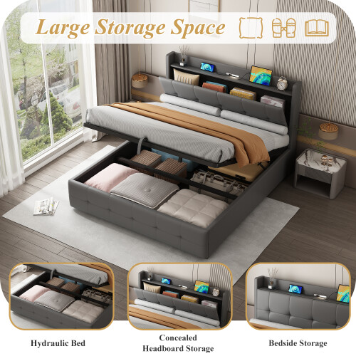 (4ft6) Double Ottoman Bed Frame with Hydraulic Storage, PU Leather ,USB LED Light, with Charging Station 2