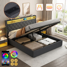 (5ft) Double Linen Bed Frame with Hydraulic Storage, LED Lighting & Charging Station (No Mattress)