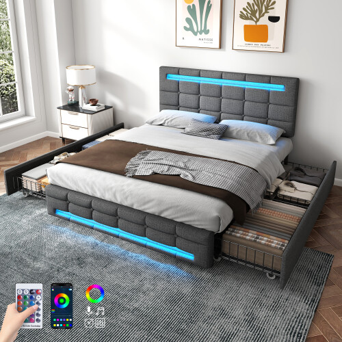 4ft6 Double Bed Frame With LED Storage Drawers Adjustable Headboard,Easy Assembly(No Mattress)