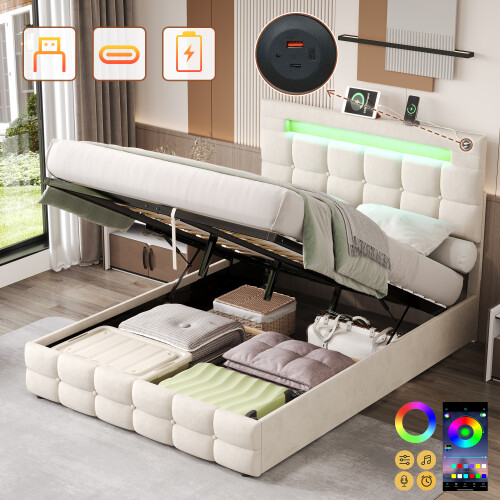 (4ft6) Double Ottoman Bed Frame with Hydraulic Storage, PU Leather ,USB LED Light, with Charging Station