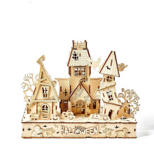 DIY Wooden Halloween House Kit with LED Light, Laser Cut 3D Puzzle for Adults, Easy Assembly Gift
