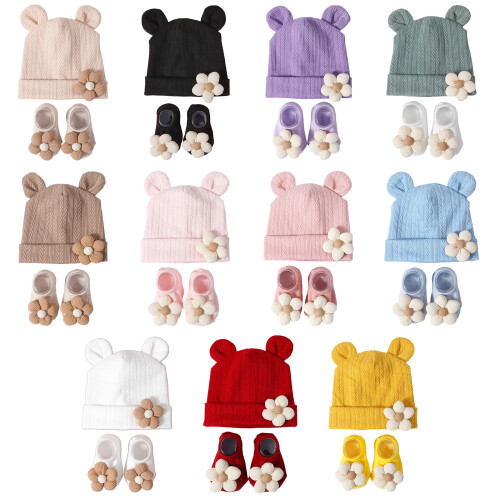 Infant Hat & Socks Set Stretchy Knit Fabric Comfortable-Khaki 1