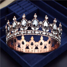 Vintage Gold Bridal Crown Wedding Tiara for Bride with Crystal Queen Black Diadem Elegant Hair Accessory