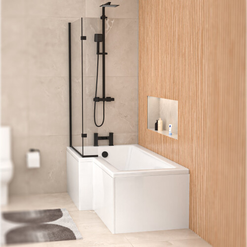 NES Home Left Hand L Shaped Shower Bath With Front Panel & Matte Black Screen
