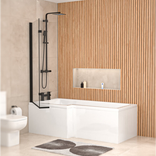 NES Home Left Hand L Shaped Shower Bath With Front Panel & Matte Black Screen 1