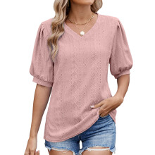Womens Business Casual V Neck 3/4 Ruffle-leather pink XXL