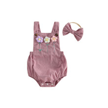 (12-18 Months, Pink) Baby Girl Overall Romper with Headband 3D Flower Sleeveless Bodysuit Adorable Newborn Summer Jumpsuit