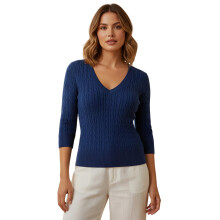 (S, Blue) Women's Autumn Winter Knit Sweater Long Sleeve Solid Color V Neck Cable Knitwear