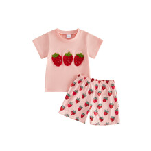 (3-4 Years, Red) Kids Girls Shorts Set, Watermelon Strawberry Short Sleeve Crew Neck T-shirt with Shorts Summer Outfit