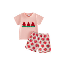(3-4 Years, Pink) Kids Girls Shorts Set, Watermelon Strawberry Short Sleeve Crew Neck T-shirt with Shorts Summer Outfit