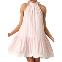 (L, Pink) Robe d'été mini débardeur sans manches à épaules dénudées et rayures tendance pour femme