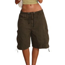 (M, Army Green) Short en jean femme tendance, unie, six poches, taille élastique, cordon de serrage, short cargo oversize été