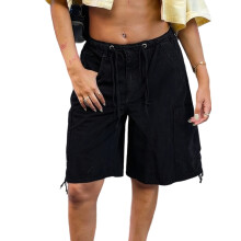 (M, Black) Short en jean femme tendance, unie, six poches, taille élastique, cordon de serrage, short cargo oversize été