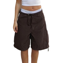 (S, Chocolate) Short en jean femme tendance, unie, six poches, taille élastique, cordon de serrage, short cargo oversize été