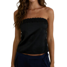 (S, Black) Women Summer Crop Tube Tops Lace Patchwork Off-Shoulder Bandeau Backless Shirts for Streetwear