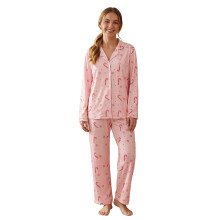 (XL, Pink) Dames 2-delige kerstpyjamaset: shirt met lange mouwen en strik-/snoepstokprint + broek. Comfortabele loungewear.