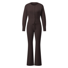 (S, Dark Brown) Ensembles deux pièces en maille pour femmes : hauts à manches longues et col rond boutonnés et pantalons évasés.