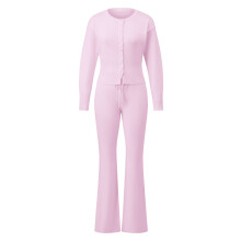 (L, Pink) Women's 2 Piece Knit Outfits Long Sleeve O Neck Button Up Knitwear Tops Flared Pants Sets