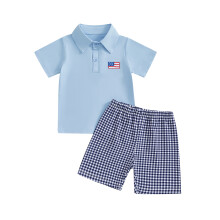 (4-5 Years, Blue) Baby Boy 4th of July Outfits Short Sleeve Lapel Shirt + Plaid Shorts Set Toddler Clothes