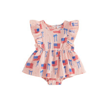 (3-6 Months, Pink) 4th of July Baby Girls Rompers Flag Bow Print Crew Neck Fly Sleeve Skirt Hem Infant Bodysuits Jumpsuits