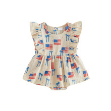 (3-6 Months, Khaki) 4th of July Baby Girls Rompers Flag Bow Print Crew Neck Fly Sleeve Skirt Hem Infant Bodysuits Jumpsuits