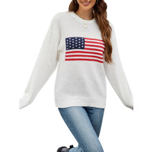 (XL, Ivory) Women's American Flag Sweater Crew Neck Long Sleeve Pullover Knit Tops Casaul Streetwear