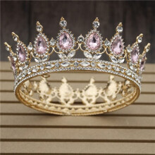 Vintage Baroque Gold Pink Tiara Crown for Women, Regal Bridal Style Prom Wedding Accessory