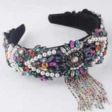 Boho Pearl Rhinestone Headband for Women, Wide Crystal Beaded Design with Tassel Retro Court Style (COLORFULB)
