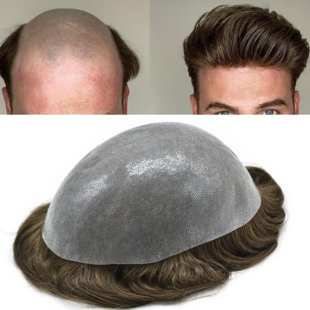 Unisex Brown Mens Human Hair Toupee 8X10 Medium Full Poly Skin Vloop Knotless Hairpiece With Invisible Hairline And Ultra Thin Base