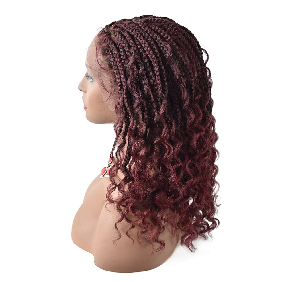 Unisex Black,Red Curly Box Braided Lace Front Wig For Women With Baby Hair, HeatâFriendly Synthetic 18Inch Black Mix Wine Red