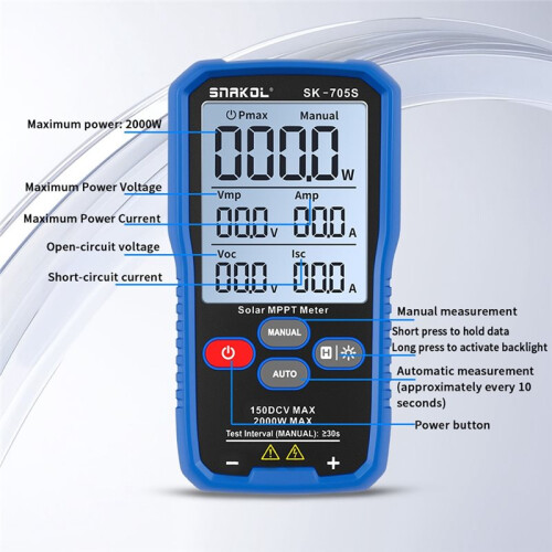 SNAKOL SK-705S 2000W Solar Panel Tester MPPT Meter PV Tester Open Circuit Voltage& Short Circuit Current,with Backlight 2