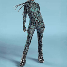 (Blue, M) Snake Print Jumpsuit Cyberpunk 3D Printed Bodysuit Halloween Carnival Party Costume For Women