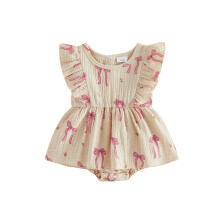 (0-3 Months, Khaki) Baby Girl Summer Romper Dress Casual Floral Bow Print Ruffled Crew Neck Flying Sleeve A Line Dress