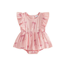 (6-12 Months, Pink) Baby Girl Summer Romper Dress Casual Floral Bow Print Ruffled Crew Neck Flying Sleeve A Line Dress