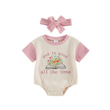 (6-12 Months, Apricot) Newborn Girl Outfit, Short Sleeve Crew Neck Embroidery Letters Flower Romper with Hairband Fall Clothes
