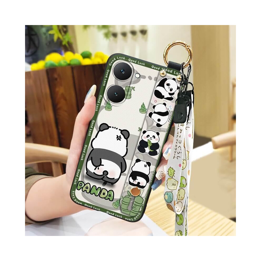 Cute Panda Phone Case For Vivo T3 Lite 5G With Wrist Strap, Shockproof Tpu Kickstand And Lanyard Set 9771547797456
