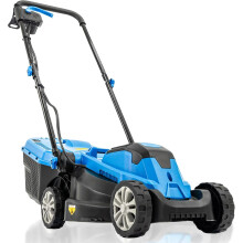 Hyundai 1300W 33cm lightweight corded lawn mower with 30L grass box, 3 cutting heights, foldable handle, and 3-year warranty.