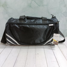 Black Gym Duffel Bag with Reflective Stripes, Geometric Pattern, Multiple Compartments, Travel and Workout