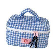 Room Checkered Makeup Case Heart Pattern Hand Carry-Blue