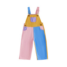 (3-4Y, WHITE) Kid Denim Overalls Contrast Color Sleeveless Square Neck Full Length Romper with Adjustable Shoulder Strap