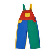 (3-4 Years, Red) Kid Denim Overalls Contrast Color Sleeveless Square Neck Full Length Romper with Adjustable Shoulder Strap