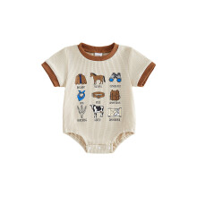 (6-9 Months, Khaki) Baby Boy Summer Romper Casual Waffle Texture Stylish Print Crew Neck Short Sleeve Jumpsuit